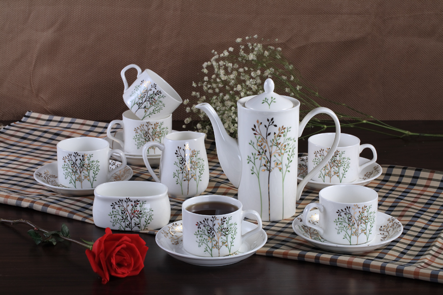 Gyllene grenar och jadeblad Kaffekoppset - Premium Bone China Coffee Cup Set PT004